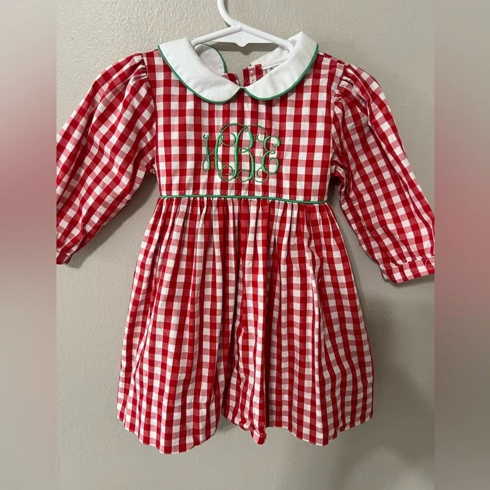 Dressie Jessie Smocking Baby Girl Christmas Dress 12M Red Gingham Monogram EUC